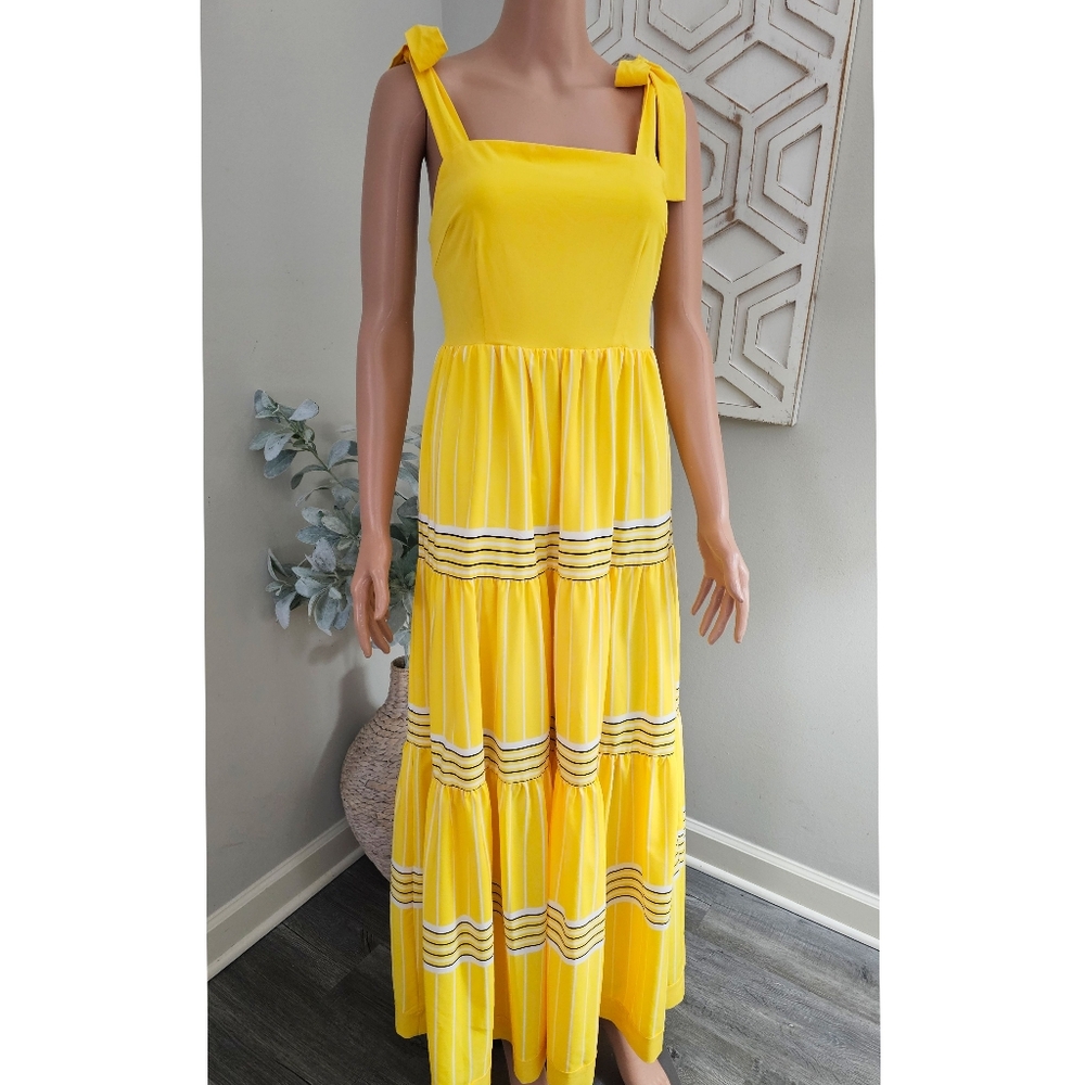 A loves A Yellow Smocked Back Adjustable Tie Shoulder Straps Tiered Maxi Dress